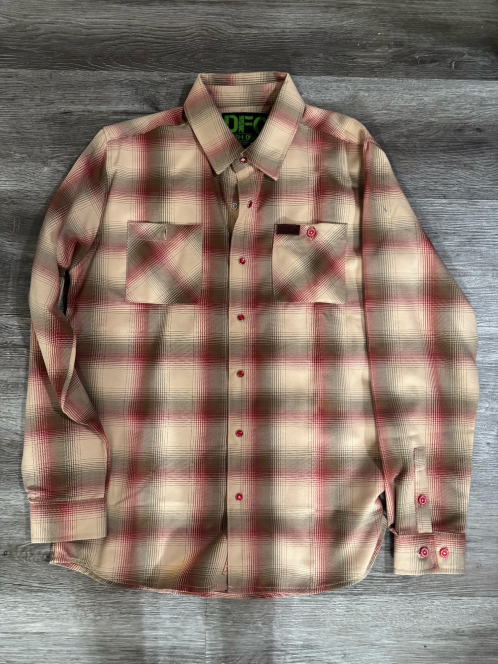 DIXXON youth Beige and Red Plaid flannel button-Down Shirt